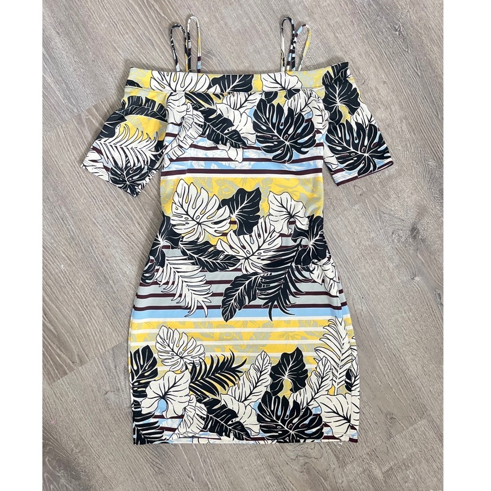 HM Women Tropical Leaf Print Cold Shoulder Dress Yellow Blue Summer Mini Size L